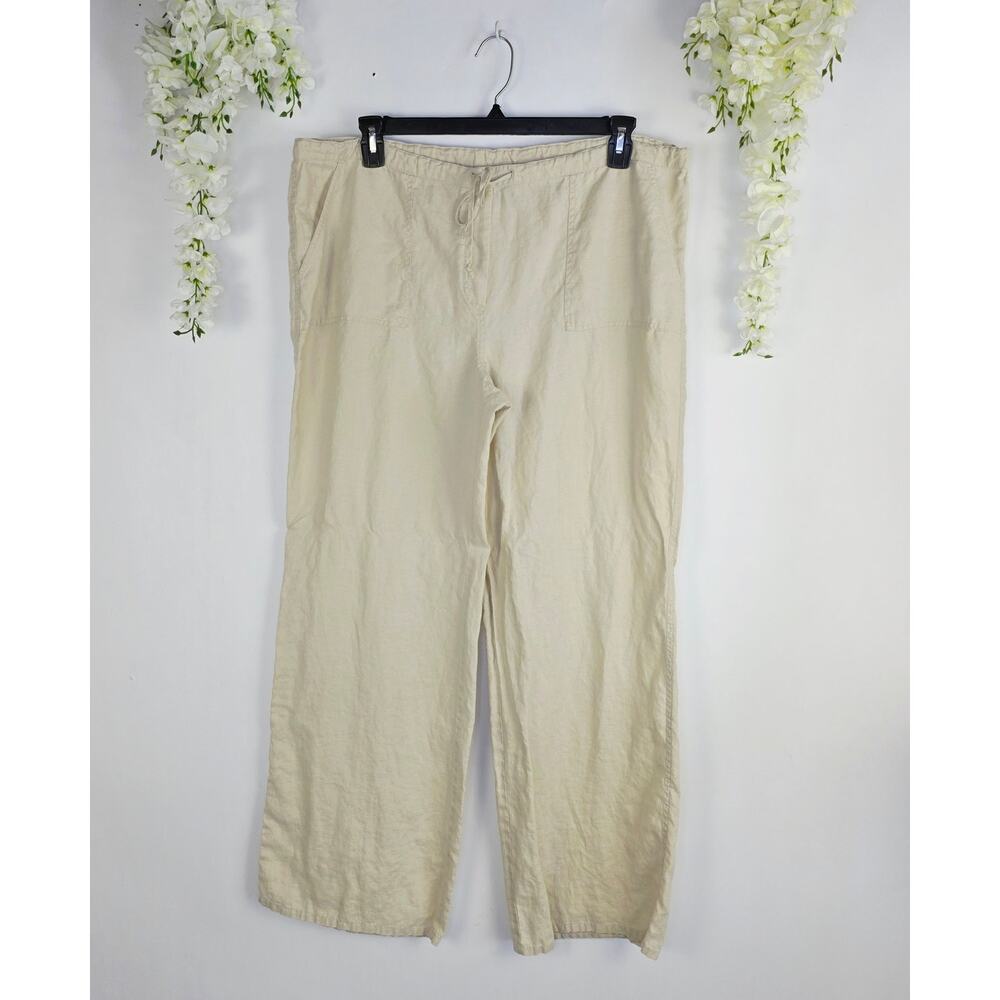 Moda International 100% Linen Pants Large Beige Drawstring Wide Leg Coastal